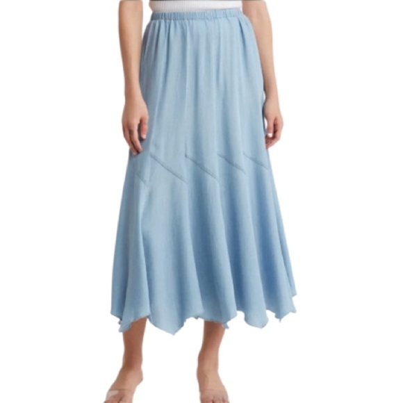 Philosophy Skirt Blue Chambray Sz Med Pull-On Angled A-Line Seamed Rock-A-Billy - Picture 10 of 16